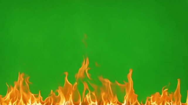 Fire flames burning on edge green screen. Firestorm on green Burning fire 4k video effect for advertisement