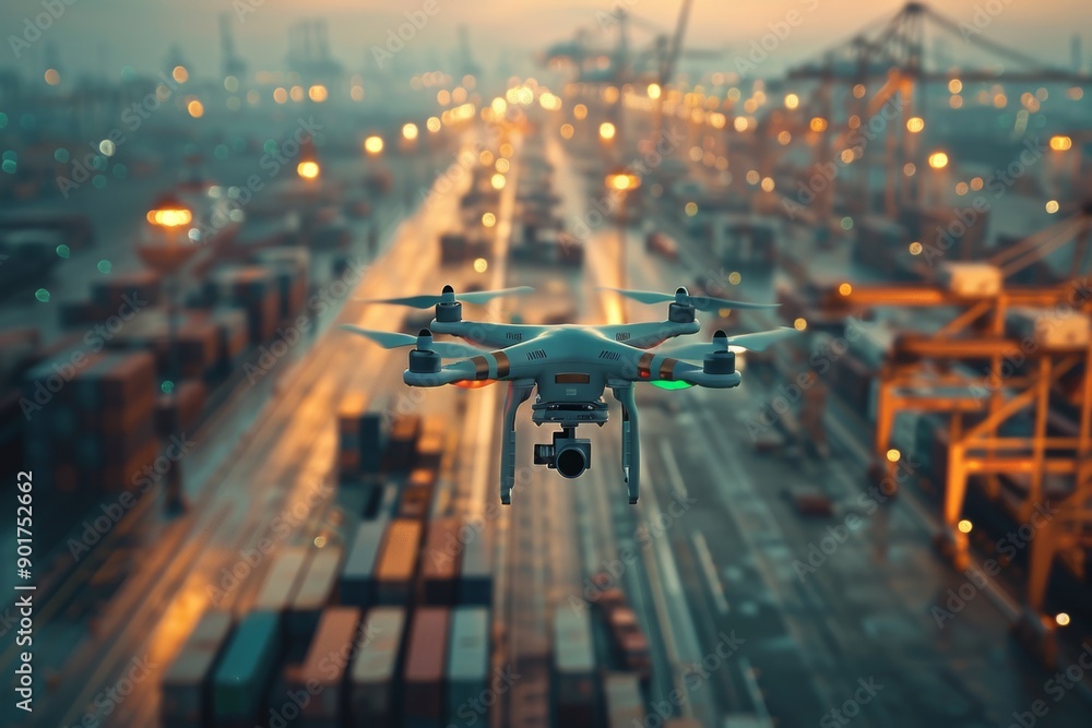 Poster drone hovering over a shipping port at dusk capturing high-resolution aerial imagery