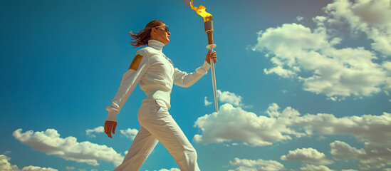 A powerful image of a female athlete proudly carrying the Olympic torch against a bright blue sky with scattered clouds.