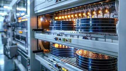 An industrial-grade electric oven processing circular silicon wafers, symbolizing extreme power consumption. no logos or text. Generative AI.