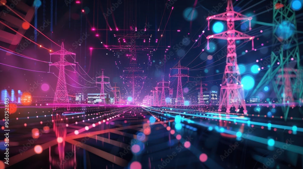 Poster illustration of a digital smart grid network managing power distribution.