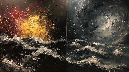   Two identical-sized paintings, one featuring a vibrant yellow hue and the other in monochromatic black and white