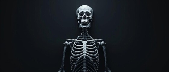 Skeleton emerging from pitch-black darkness, surrounded by an aura of horror, chilling and sinister, darkness bones horror