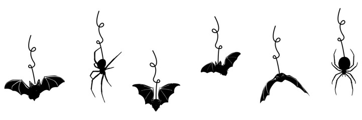 Hanging spider silhouette illustration  background with flying bat