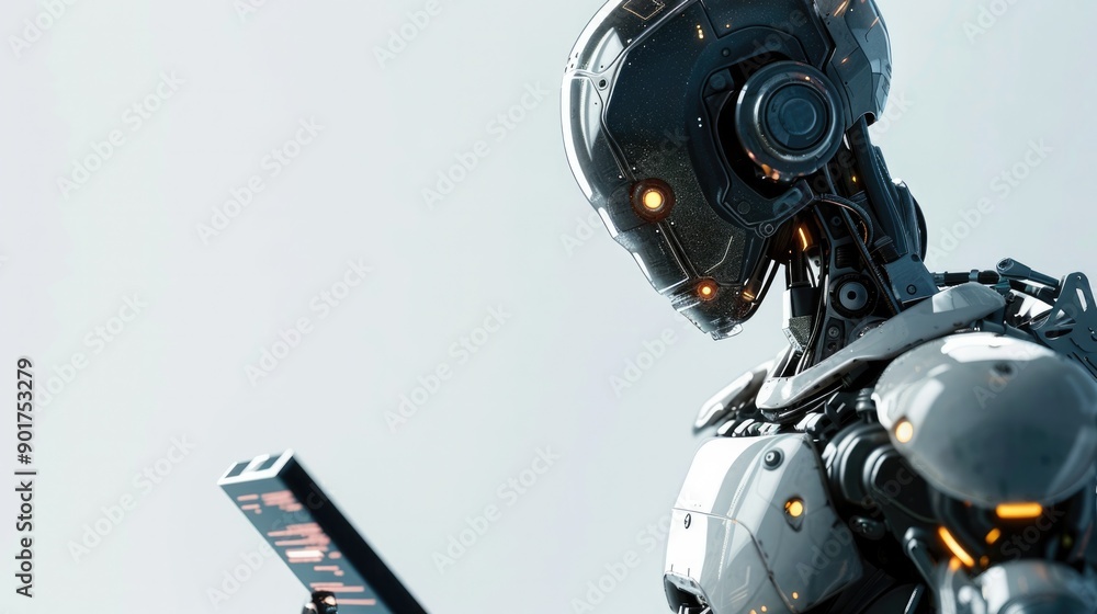 Wall mural robot working with digital display future touch screen , generative ai