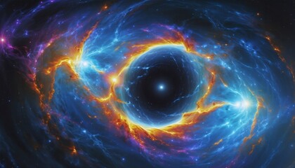 supermassive black hole's intense gravity warping light into glowing rings, dark void at center, spacetime twisted, vivid cosmic energy, expansive galactic backdrop.