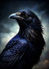 Fototapeta premium A sleek, ebony-feathered corvid with razor-sharp talons and a piercing, raucous caw that can send shivers down the spine of the unwary. generative AI.