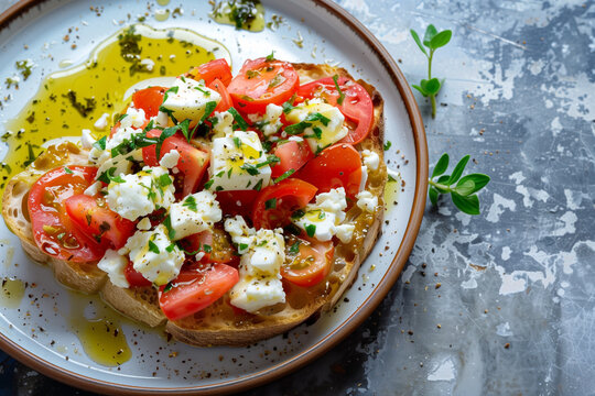 dakos or ntakos, meze made from slice of dried bread topped with chopped tomatoes and feta cheese, selective focus