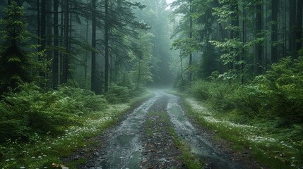Obraz premium Serene Forest Path Surrounded By Lush Greenery On A Misty Morning. Generative AI