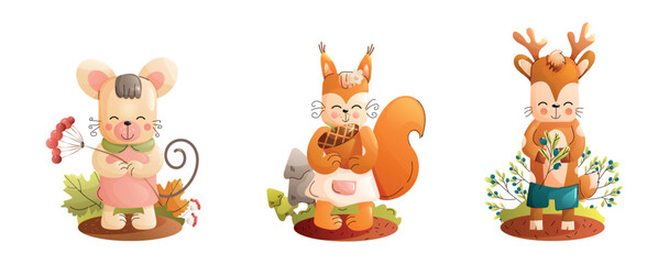 Chidren cute animal set. Charming and delightful Woodland Animal Illustrations that are perfect for children and kids