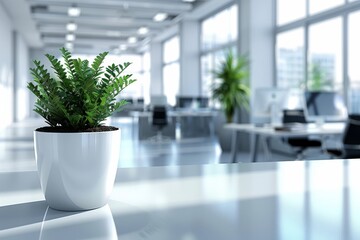 Minimalist office desk with a single potted plant blurred background creating a serene work environment.