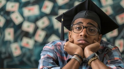 Young adult with student loan debt graduation cap, education financial burden