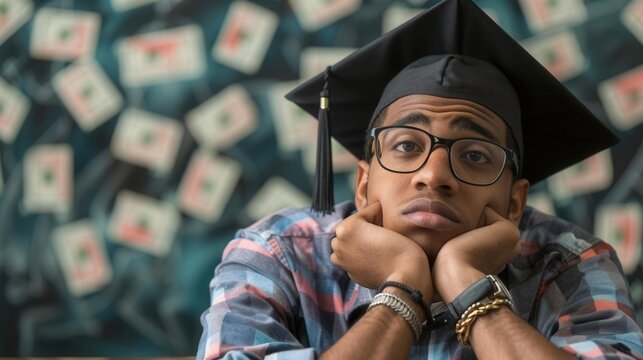 Young adult with student loan debt graduation cap, education financial burden