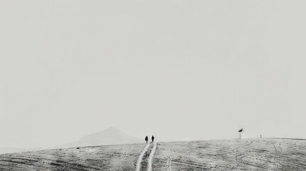   A B&W image shows two individuals strolling on a dirt path amidst a green field, with a distant hill in the background