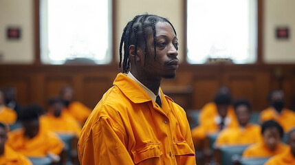 Fototapeta premium A black skinned man wearing orange jumpsuit standing in the courtroom, seen from very very far distance. Generative AI.