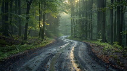 Obraz premium Serene Winding Path Through Lush Green Forest at Early Morning Light. Generative AI
