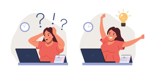 Young woman before the laptop with question mark in think bubble and  finding new idea. Shiny light bulb. Flat style cartoon vector illustration.