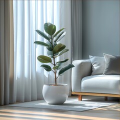 A large rubber plant in a white pot standing on the floor, background is living room, natural light. Generative AI.