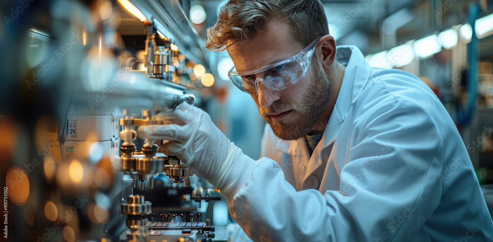 Aufkleber An engineer working in a White uniform and safety glasses is check electronic device chips in front of laboratory equipment and modern engineering machinery, laboratory background. Generative AI.