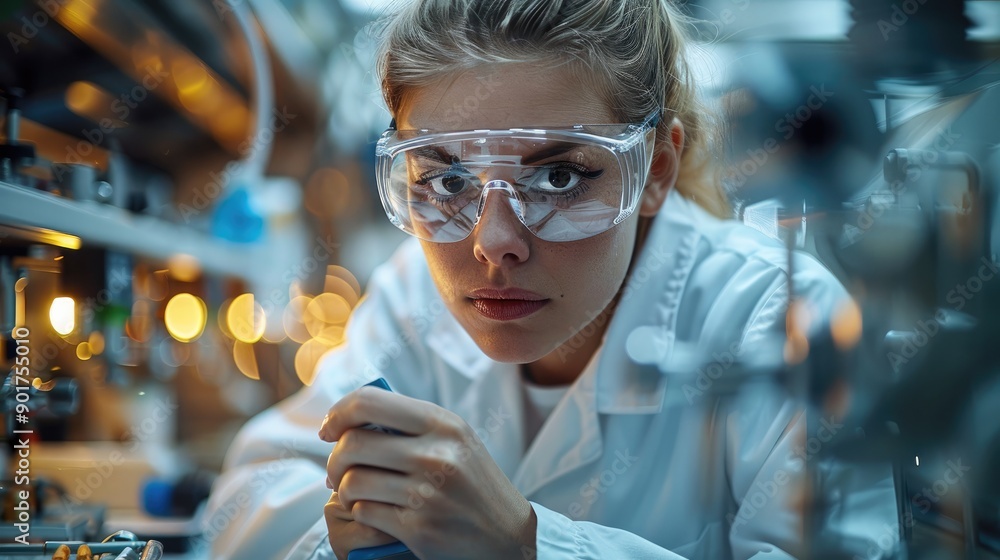 Poster An engineer working in a White uniform and safety glasses is check electronic device chips in front of laboratory equipment and modern engineering machinery, laboratory background. Generative AI.