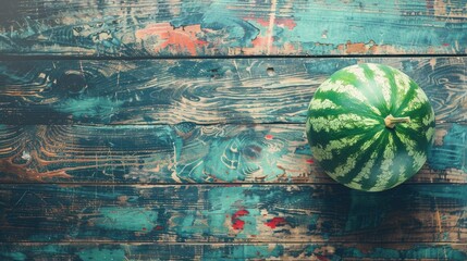 Whole watermelon on rustic wooden surface for vegan friendly diet Vintage aesthetic with empty area for text