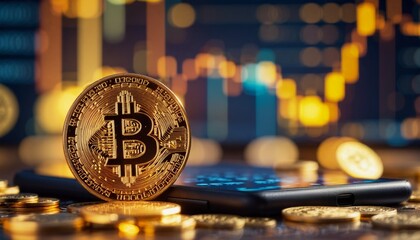 close-up of a shiny bitcoin coin centered on a sleek digital tablet, surrounded by softly glowing cryptocurrency graphs in warm gold and cool blue hues, creating a striking visu