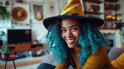 Woman influencer wearing witch costume and live streaming at home. She talking to her fan club with smiling in living room at home, generative ai