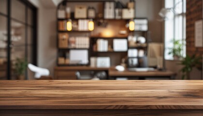 beautifully detailed brown wood table top, blurred white office interior in the background, warm flare light creating a cinematic atmosphere, perfect for highlighting modern pro