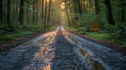 Obraz premium Serene Dirt Road Through a Lush Forest at Sunset After Rain. Generative AI