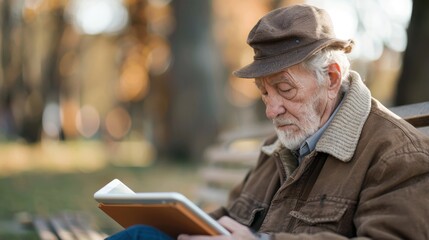 Reflections of Isolation: Senior Lost in Technology on Park Bench - Concept of Loneliness and Digital Addiction Examined in a Realistic Composite Image