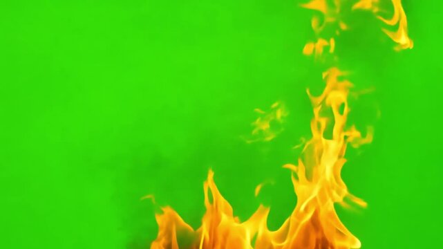 Fire flames burning on edge green screen. Firestorm on green Burning fire 4k video effect for advertisement