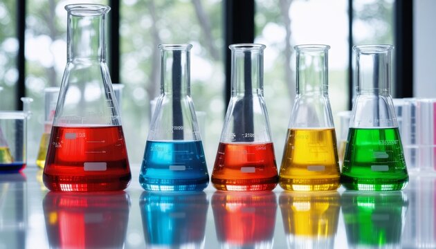 four laboratory flasks and a beaker filled with red, blue, green, and yellow liquids, neatly lined up on a white lab surface, with each flask casting a colorful reflection on th