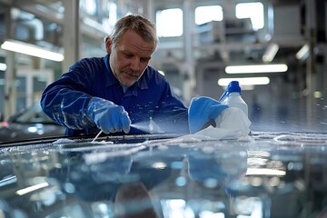 Adult male employee using a spray bottle and rag to clean windshield of a car