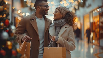 Happy couple shopping in the mall during Christmas, holding bags, smiling at each other. Generative AI.