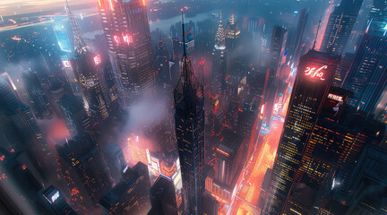 Fototapeta premium Aerial view of a bustling city with skyscrapers and flashing neon lights. Convey the sense of mystery and determination. Generative AI.