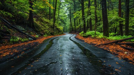Obraz premium Serene Winding Road Through Lush Green Forest After Rain in Early Autumn. Generative AI