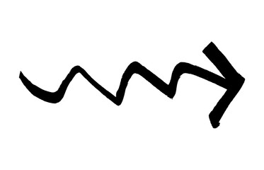 Black arrow wavy and thin brush stroke icon isolated. The arrow sign is drawn by hand with a marker. Marker, pen brush stroke. PNG with transparent background. Flat lay. Clipping path