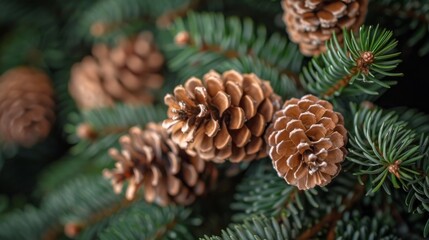 Fototapeta premium Pine cones growing on the branch of a fir tree, creating a natural and festive holiday scene