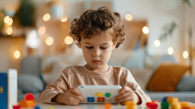 Enchanted Digital World: Child immersed in learning games, symbolizing digital overload amidst an educational backdrop