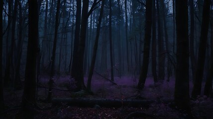 Mysterious forest in the dark night, purple and black theme foggy misty jungle, solitude and spooky woods