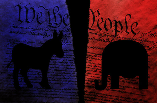 Torn red and blue US Constitution with elephant and donkey representing political party Republican and Democrat division