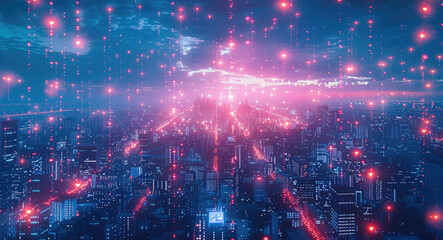 Obraz premium A futuristic smart city at night, with a network of connected dot points and gradient grid lines, highlighting the metaverse concept and big data, the city is bustling with lights and modern building.