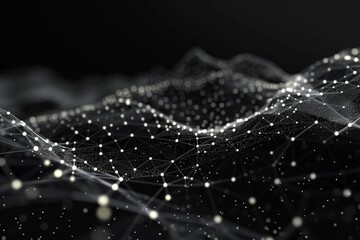 Monochrome abstract network of connected dots and lines on a dark background.