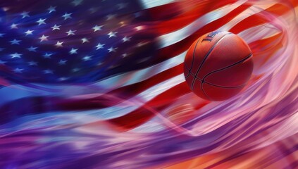 Fototapeta premium A dynamic background of an American flag with motion blur, with the basketball ball flying in front of it The background is blurred and flowing like wind, creating a sense of speed Generative AI