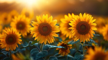 Fototapeta premium Bright sunflowers blooming in a golden field during sunset, adding warmth and cheer to the rural landscape