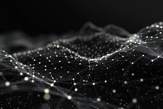 Monochrome abstract network of connected dots and lines on a dark background.