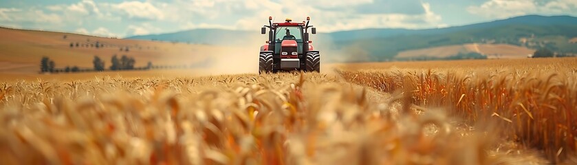 Fototapeta premium Red Tractor in a Golden Wheat Field: Harvest Time in the Countryside