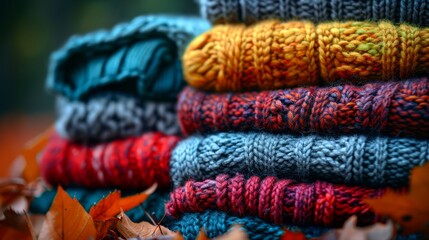 Fototapeta premium Neat stack of multi-colored warm, knitted, sweaters on an autumn background.
