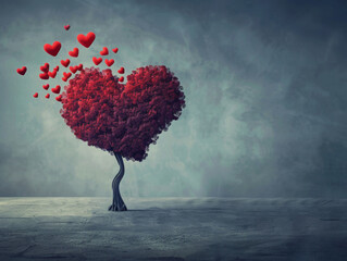 A tree with a heart on it is surrounded by many red hearts