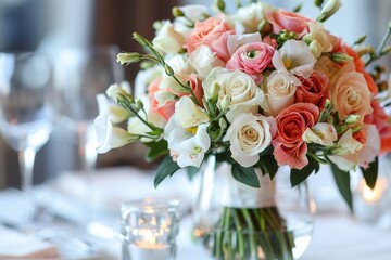 Obraz premium Elegant bouquet of roses and white flowers in a clear vase.